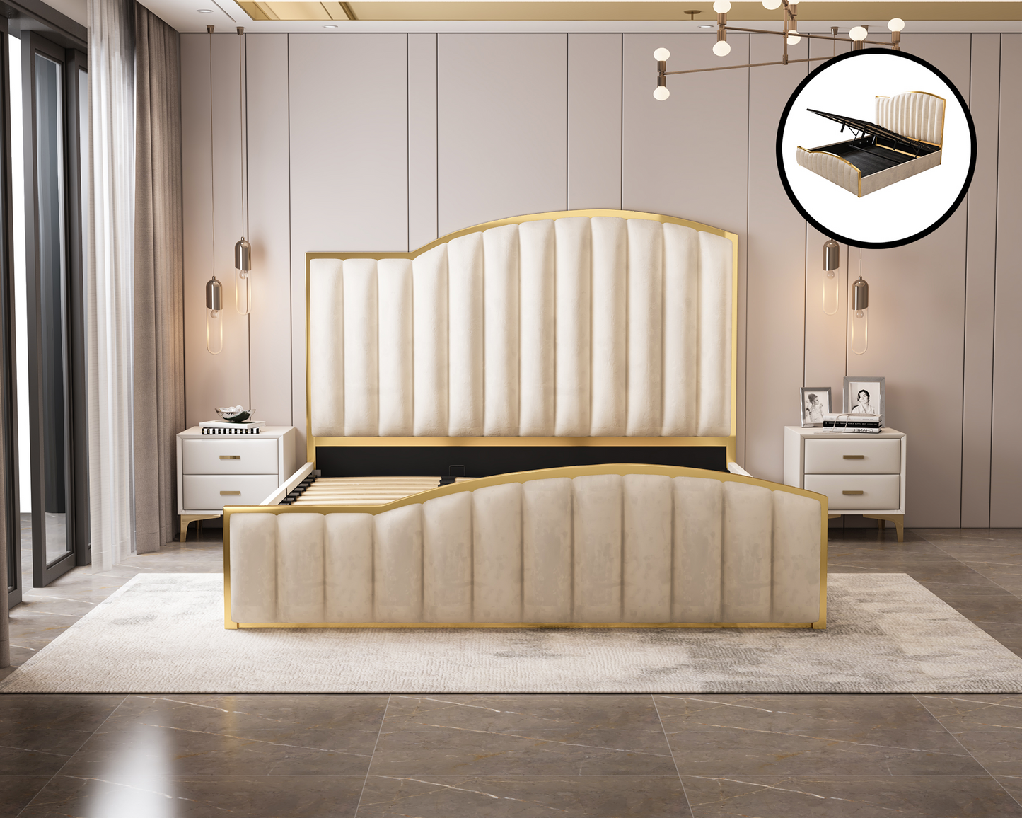 Elegant Luxury King Size Bedframe in Beige with Gas Lift Storage Velvet Fabric Golden Trim