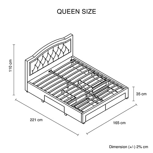 Emily Bed Frame Queen Size Velvet Fabric Grey Four MDF Drawers with Wheels